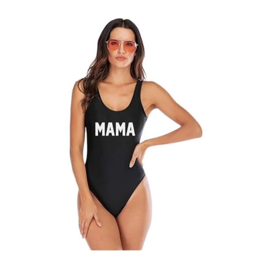 NEW Black One Piece Bathing Suit Letter Print MAMA Women's L